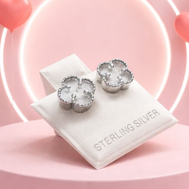 Arete trebol Esmaltado Blanco 9mm, Broche de mariposa, Plata 925 Mexicana