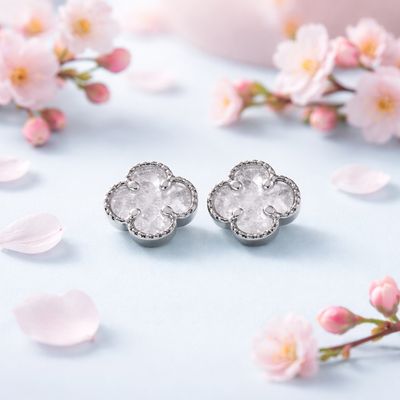 Arete trebol Esmaltado Blanco 9mm, Broche de mariposa, Plata 925 Mexicana