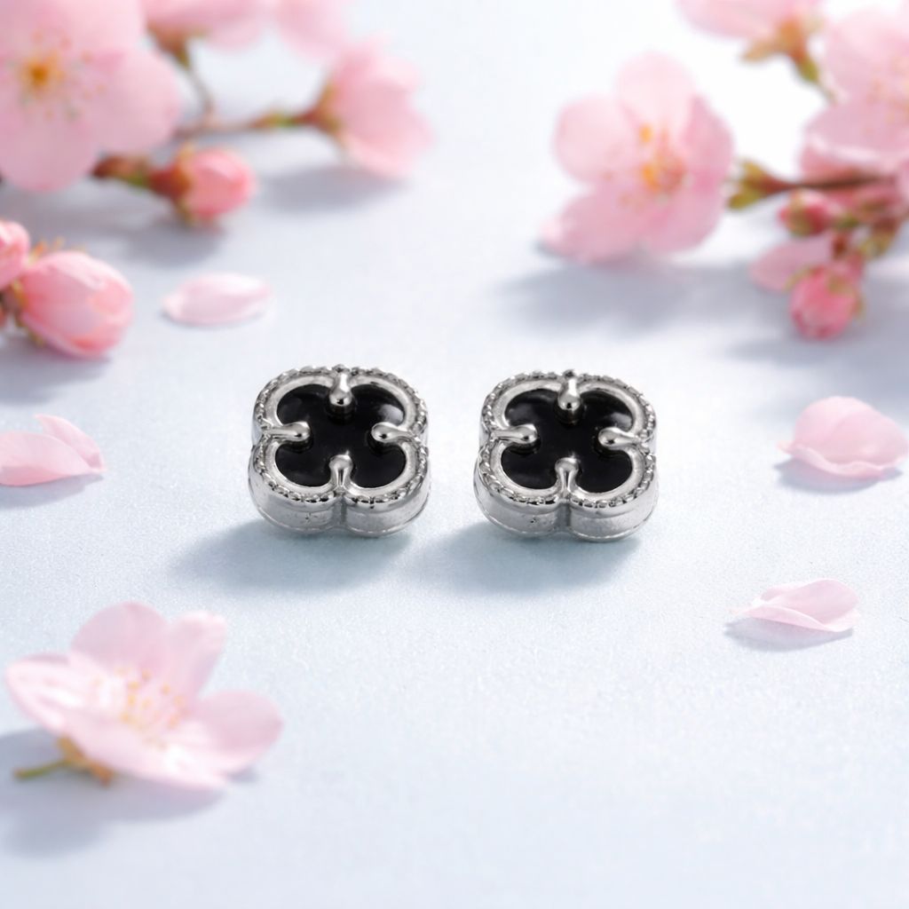 Arete trebol Esmaltado Negro 9mm, Broche de mariposa, Plata 925 Mexicana