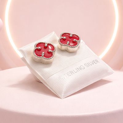 Arete trebol Esmaltado Rojo 9mm, Broche de mariposa, Plata 925 Mexicana