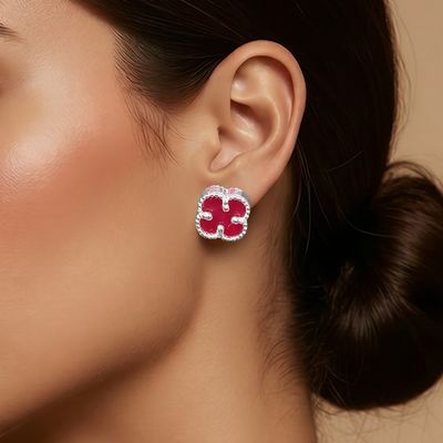 Arete trebol Esmaltado Rojo 9mm, Broche de mariposa, Plata 925 Mexicana