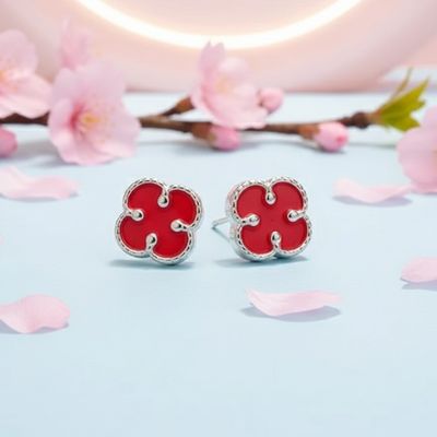 Arete trebol Esmaltado Rojo 9mm, Broche de mariposa, Plata 925 Mexicana