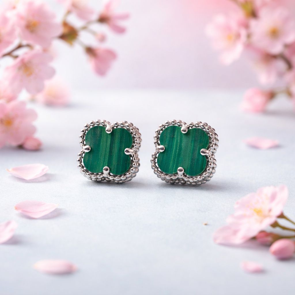 Arete trebol Esmaltado Verde 9mm, Broche de mariposa, Plata 925 Mexicana