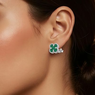 Arete trebol Esmaltado Verde 9mm, Broche de mariposa, Plata 925 Mexicana