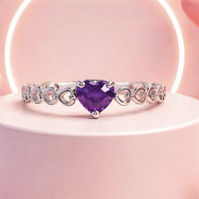 Anillo Argolla Corazon Doble Morado, Plata 925 Mexicana