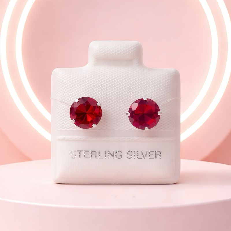 Broque Cubico Recto Rojo 7Mm Plata 925 Mexicana