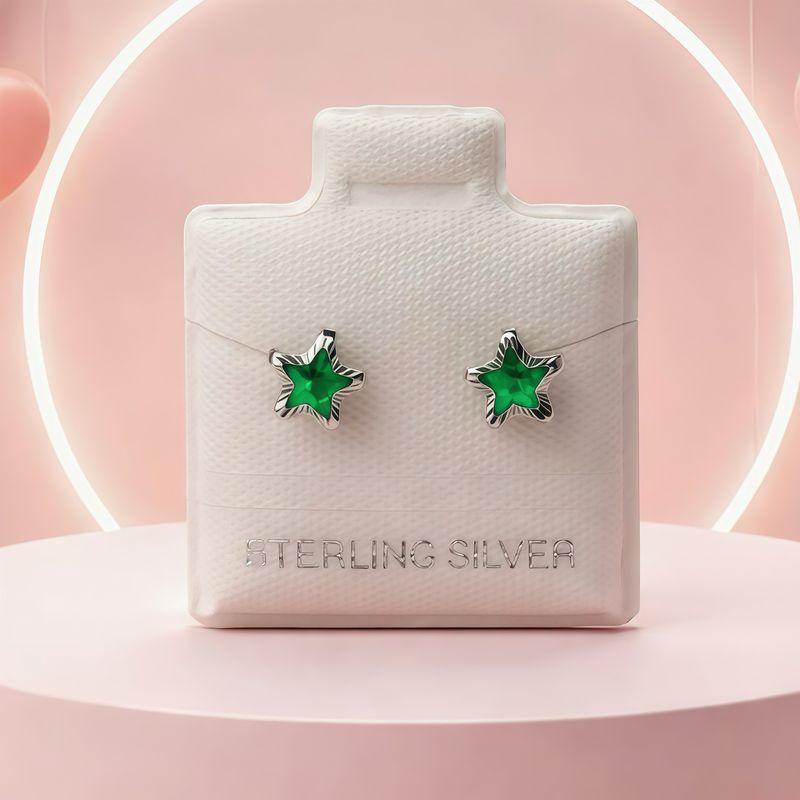 Broquel Estrellita Bizel Diamantado Verde 5MM Plata 925 Mexicana