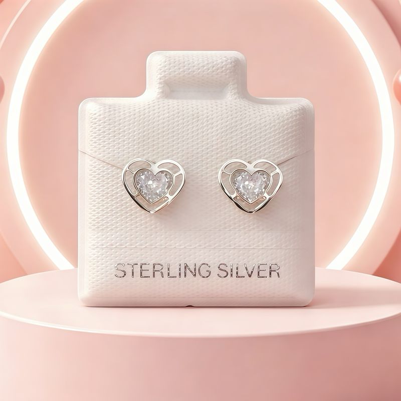 Broquel 3D Doble Corazon Blanco 6mm Plata 925