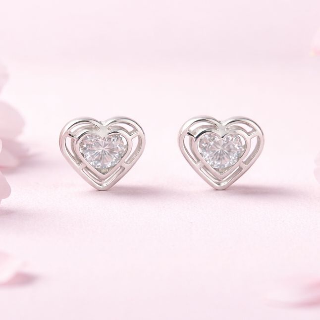 Broquel 3D Doble Corazon Blanco 6mm Plata 925