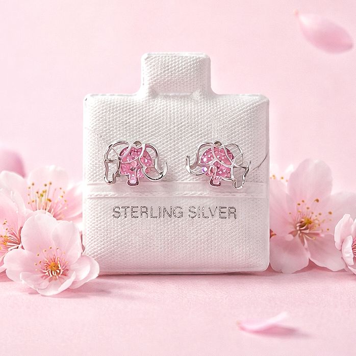 Broquel 3D Elefante Rosa 10mm Plata 925