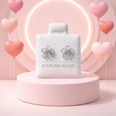 Broquel 3D Florecita Blanco 10mm Plata 925 Mexicana