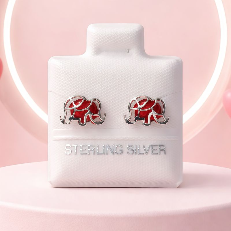 Broquel 3D Elefante Rojo 10mm Plata 925 Mexicana