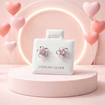 Broquel 3D Florecita Rosa 10mm Plata 925 Mexicana