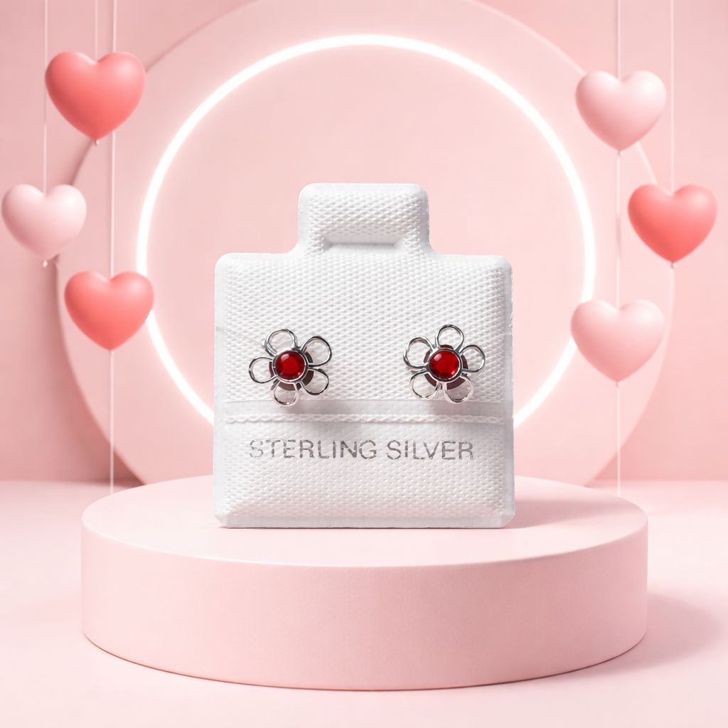 Broquel 3D Florecita Rojo 10mm Plata 925 Mexicana