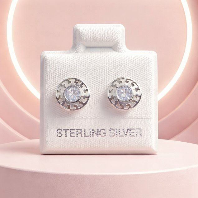 Broquel 3D Grecas 8mm, Blanco, plata 925 MX