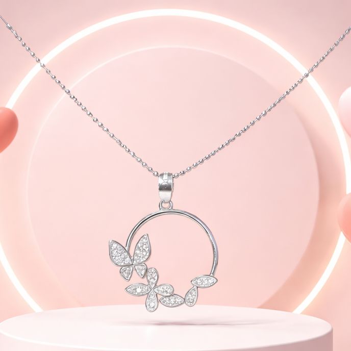 Duo Cadena y Circulo de Mariposas Diamantada Plata  925 MX