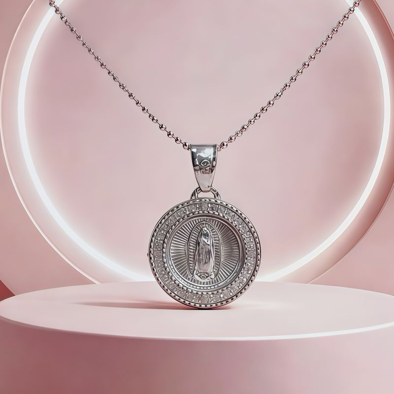 Duo Cadena y Medalla Virgen de Guadalupe Diamantada Plata  925 MX