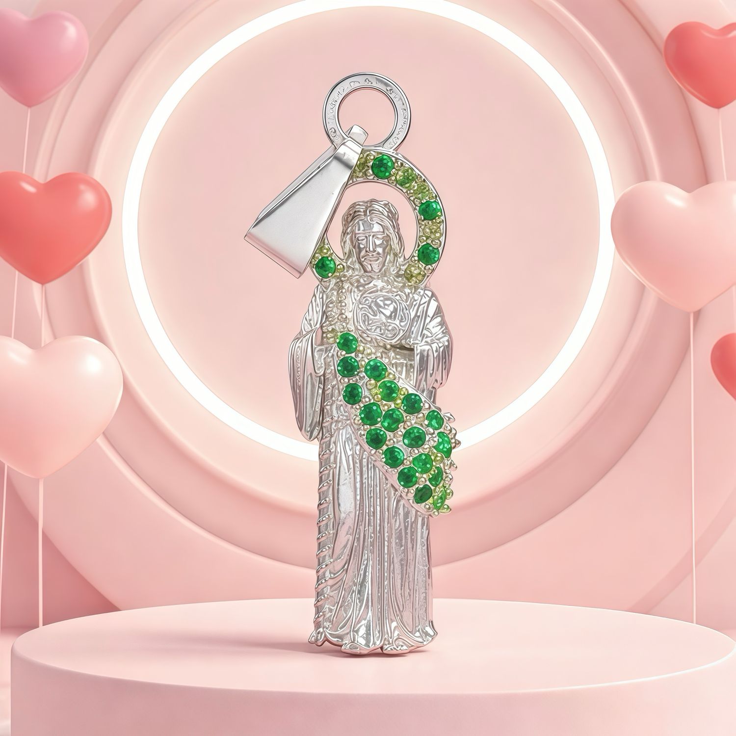 Dije Bulto San Judas con manto Verde, mide 4cm, Plata 925 MX