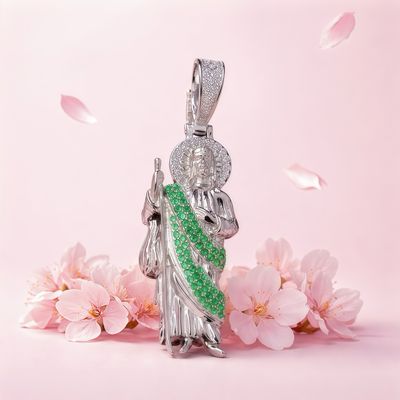Dije 3D Bulto San Judas con manto Verde 4.5cm Plata 925 Koreana con Rodio