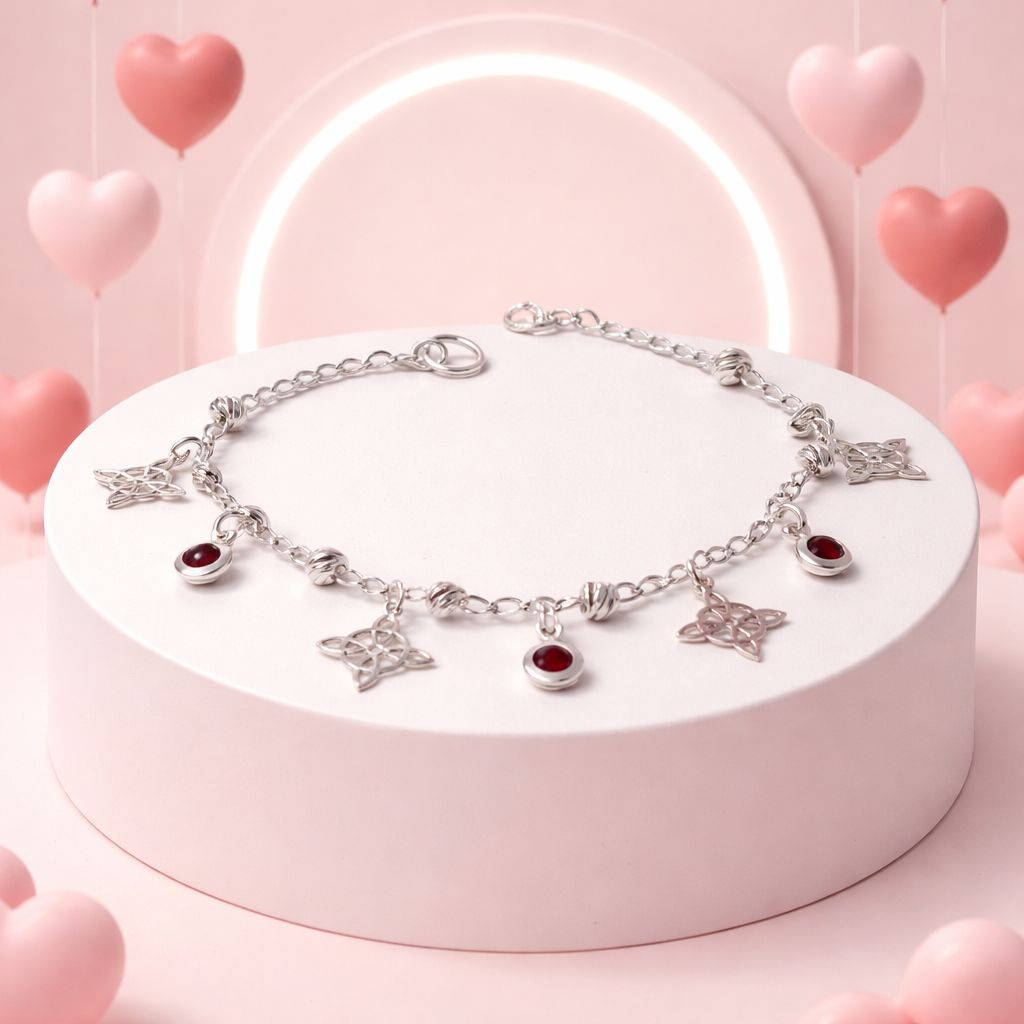 Pulsera Nudo de Bruja con Dije Rojo Colgante, mide 7'' de largo, en Plata 925