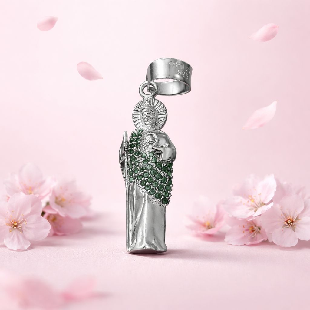 Dije Bulto San Judas con manto Verde, mide 4.5cm, Plata 925 MX