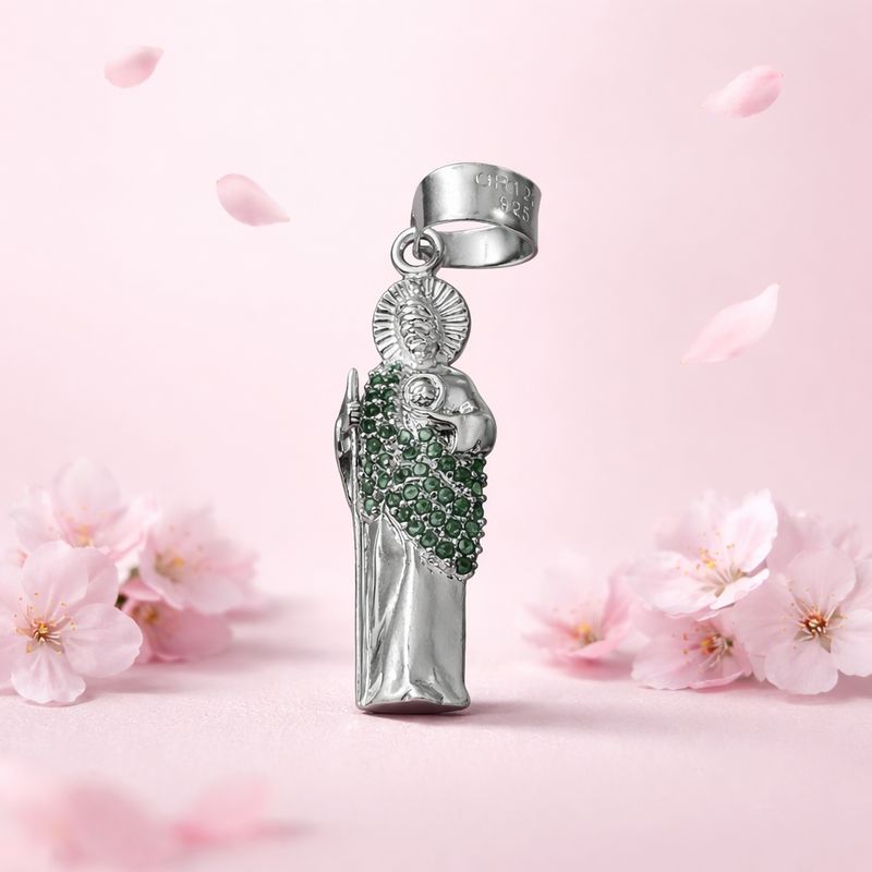 Dije Bulto San Judas con manto Verde, mide 4.5cm, Plata 925 MX