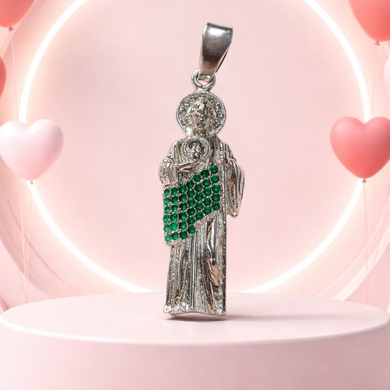 Dije Bulto San Judas con manto Verde, mide 5cm, Plata 925 MX