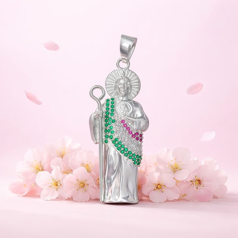 Dije Bulto San Judas con manto Tricolor, mide 5.5cm, Plata 925 MX