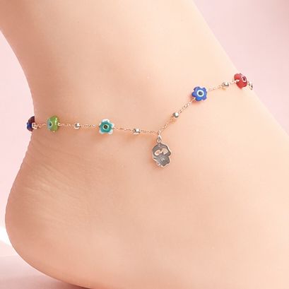 Tobillera  Cristal de Murano Florecitas de colores 9.5" Plata 925 MX