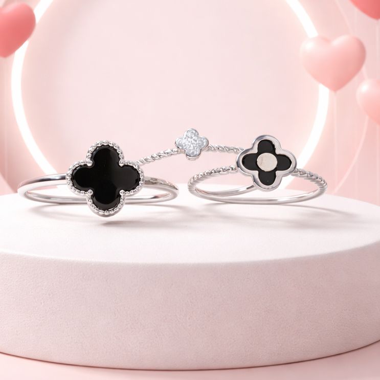 Anillo Triple Trébol en color Negro Plata 925 Italiana