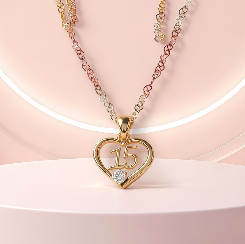 Duo Cadena y Dije de Corazon 15 Anos con Chapa de Oro en Plata 925 ITALY