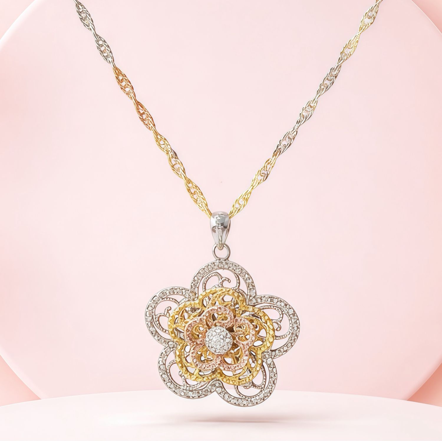 Duo Cadena y Dije de Flor Filigrana en Chapa de  Oro en 3 Colores Plata 925 ITALY