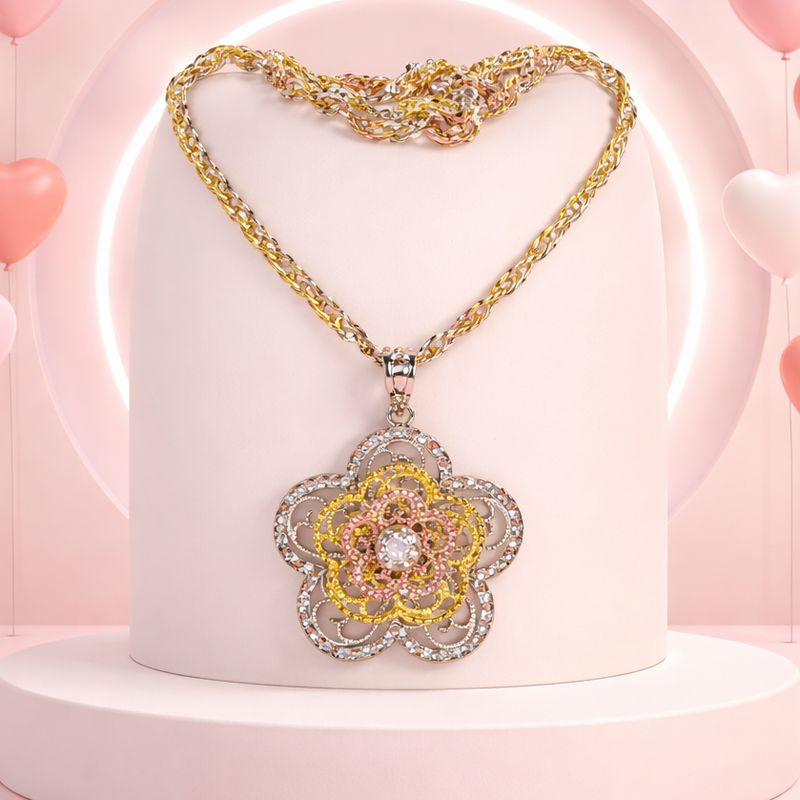Duo Cadena y Dije de Flor Filigrana en Chapa de  Oro en 3 Colores Plata 925 ITALY