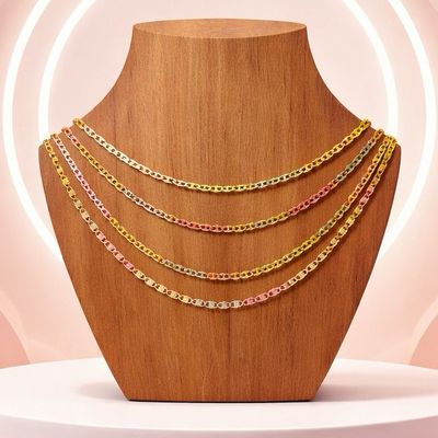 Cadena Estilo Valentino en chapa de oro en tres colores, mide 16" de largo, en Plata 925 Italiana