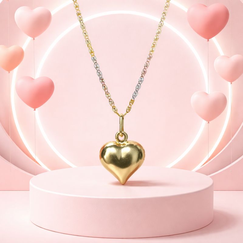 Cadena Valentin 3 colores en chapa de Oro con Dije Corazon 3D, Plata 925 Italiana