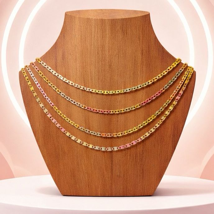Cadena Estilo Valentino en chapa de oro en tres colores, mide 18" de largo, en Plata 925 Italiana
