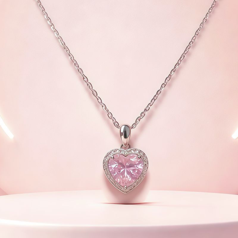 Cadena Fancy 18"con  Dije Corazon Rosa, 1cm, Plata Italiana