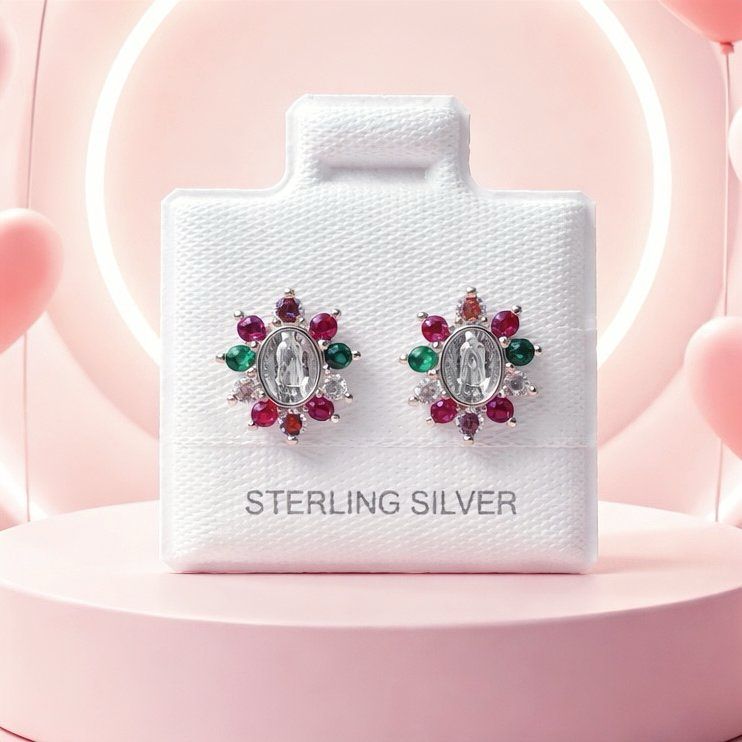 Broquel Premium Virgen de Guadalupe Tricolor con Zirconias 10mm Plata 925 MX