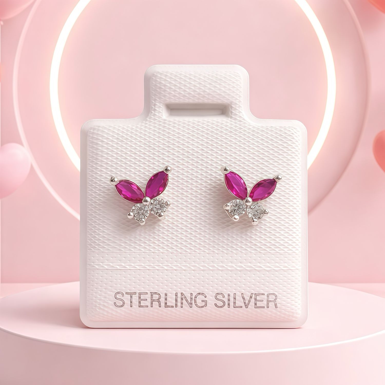 Broquel Premium Mariposa Fucsia y  Blanco 7MM Plata 925