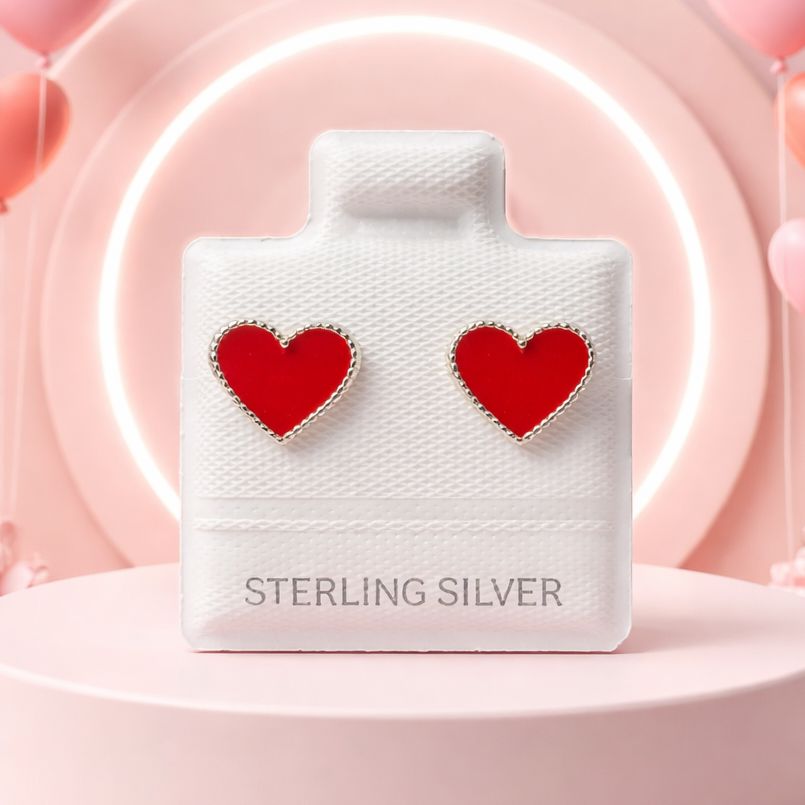 Broquel Corazon Boleado esmaltado Rojo 10mm Plata 925 MX