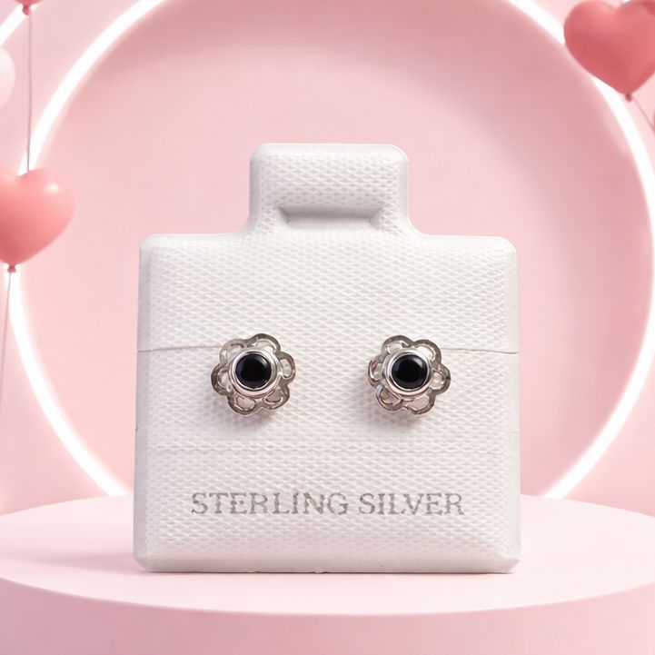 Broquel Florecita Negro 5mm  Plata 925 MX