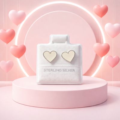 Broquel Corazon Boleado esmaltado Blanco 10mm Plata 925 MX