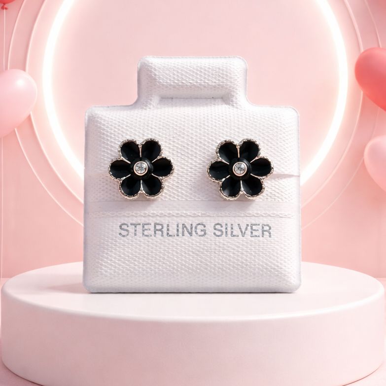 Broquel Margarita Boleado esmaltado Negro 9mm Plata 925 MX