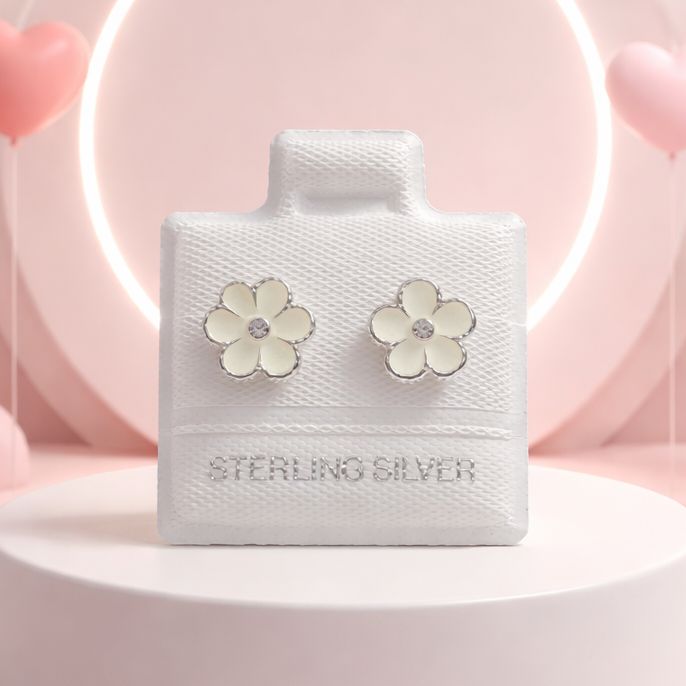 Broquel Margarita Boleado esmaltado Blanco 9mm Plata 925 MX