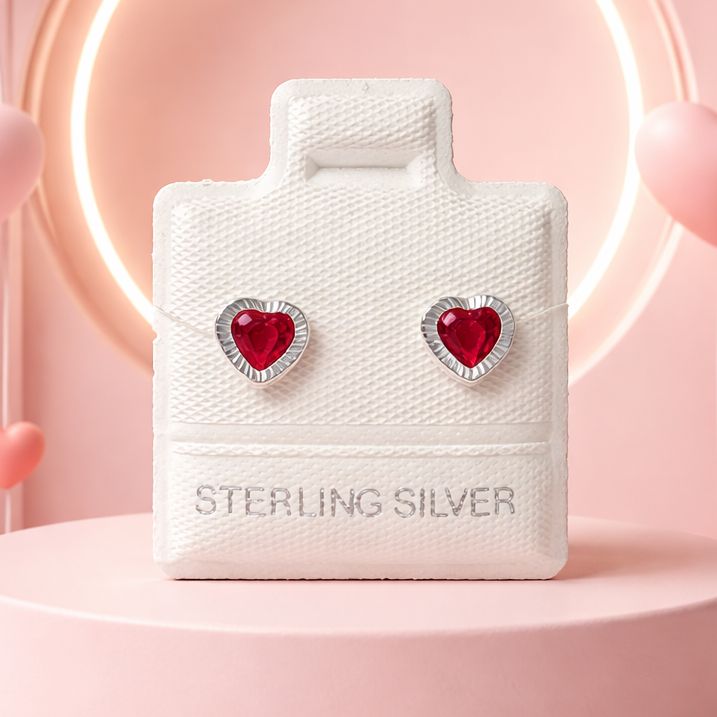 Broquel Corazon Bicel Diamantado 5MM, Rojo Plata 925 MX