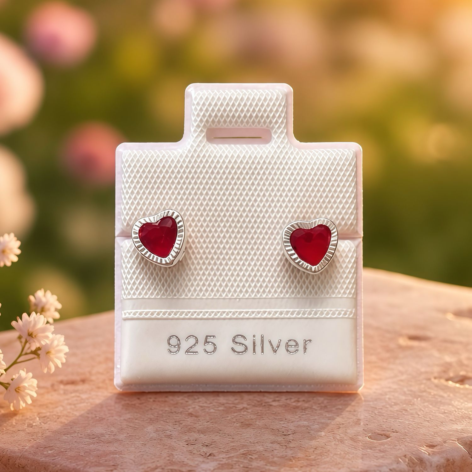 Broquel Corazon Bicel Diamantado 5MM, Rojo Plata 925 MX