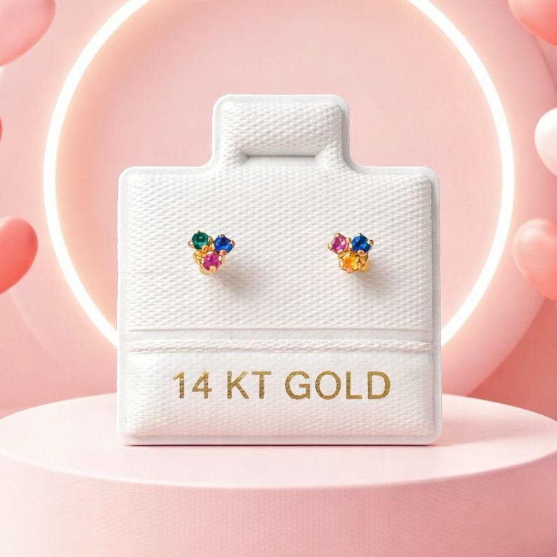 Broquel Trébol mini con Zirconias multicolor Oro 14K