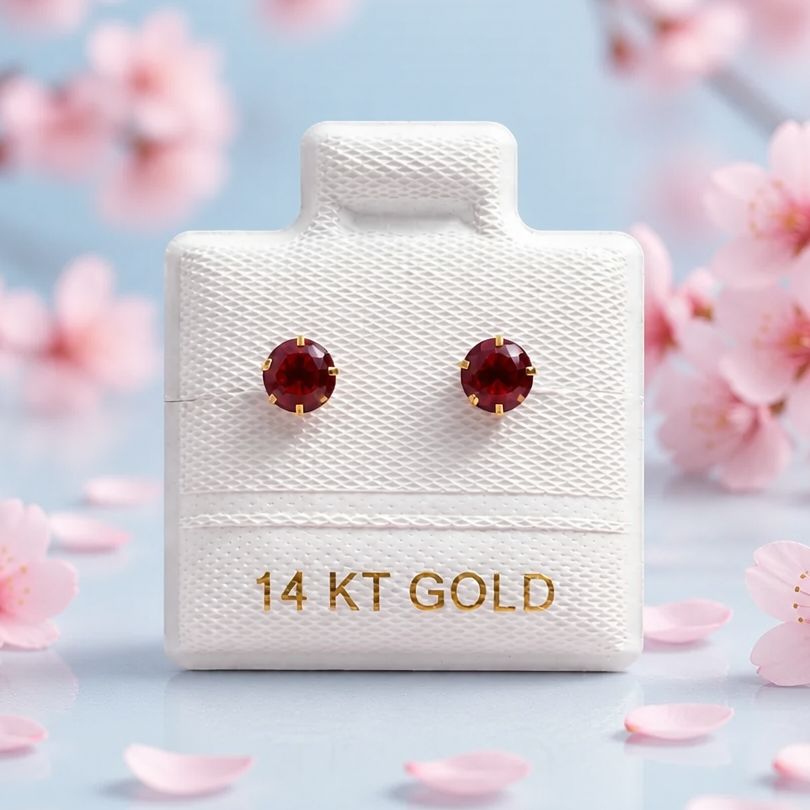 Broquel  Redondo Zirconia Rojo 4mm Oro 14K MX