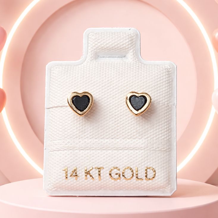 Broquel Corazon Bicel Zirconias 4mm Negro Oro 14K