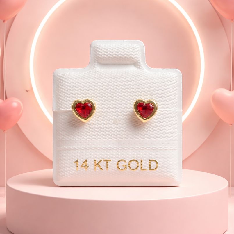 Broquel Corazon Bicel Zirconias 4mm Rojo  Oro 14